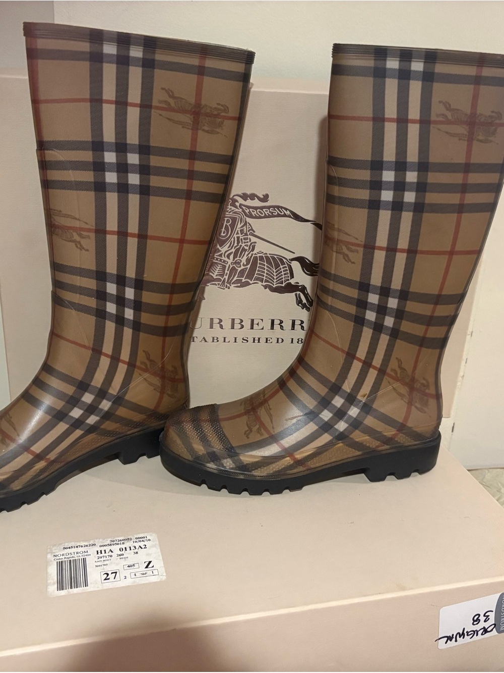 Burberry Beige Plaid Rubber Rain Boots
